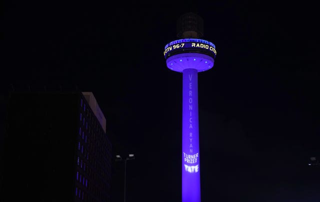 Veronica Ryan’s name is projected on to Liverpool’s Radio City Tower after she was named the winner of the Turner Prize