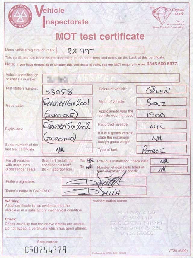 Handout photo of a 2001 MOT certificate (David Jones/PA)