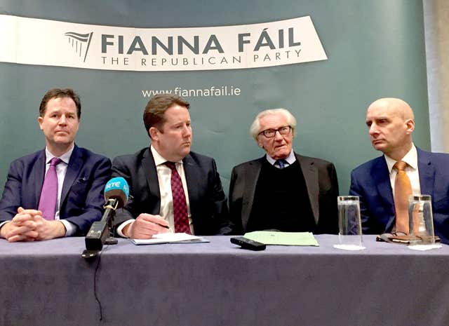 Sir Nick Clegg with  Fianna Fail's Darragh O'Brien, and fellow Remainers Lord Heseltine and Lord Adonis, left to right, discuss Brexit issues (David Young/PA)