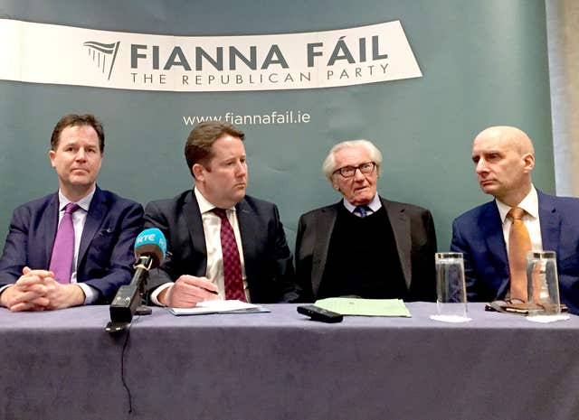 Sir Nick Clegg with Fianna Fail's Darragh O'Brien, and fellow Remainers Lord Heseltine and Lord Adonis, left to right, discuss Brexit issues (David Young/PA)
