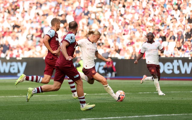 Erling Haaland scores for Manchester City against West Ham (Steven Paston/PA)