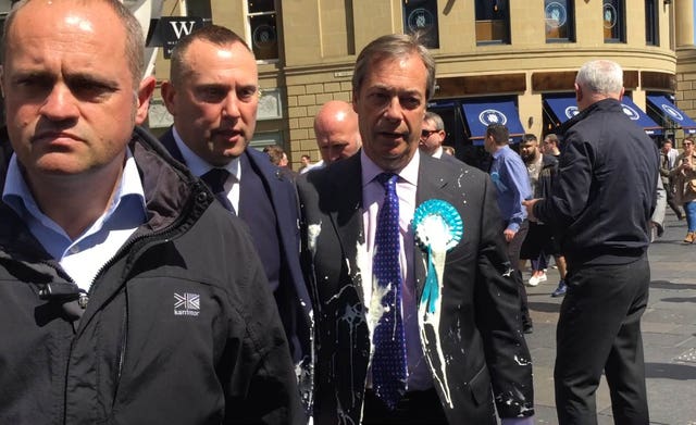 Nigel Farage after he was doused in milkshake