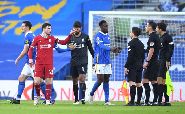 Liverpool’s Andy Robertson (second left) gave away a penalty against Brighton on Saturday following a VAR intervention