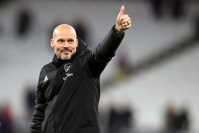 Arsenal interim manager Freddie Ljungberg celebrates the win 