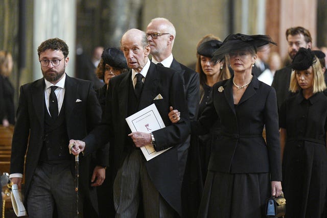 Lady Helen Taylor with her father the Duke of Kent (centre) at the duchess's funeral in Westminster Cathedral