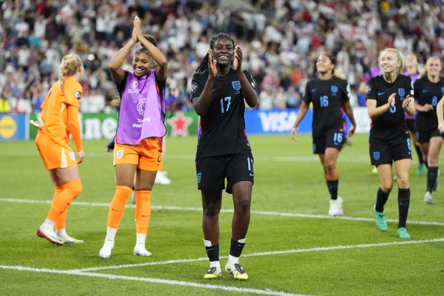 England’s Michelle Agyemang (centre) and team-mates celebrate after the Uefa Women’s Euro 2025 semi-final match at the Stade de Geneve, Switzerland