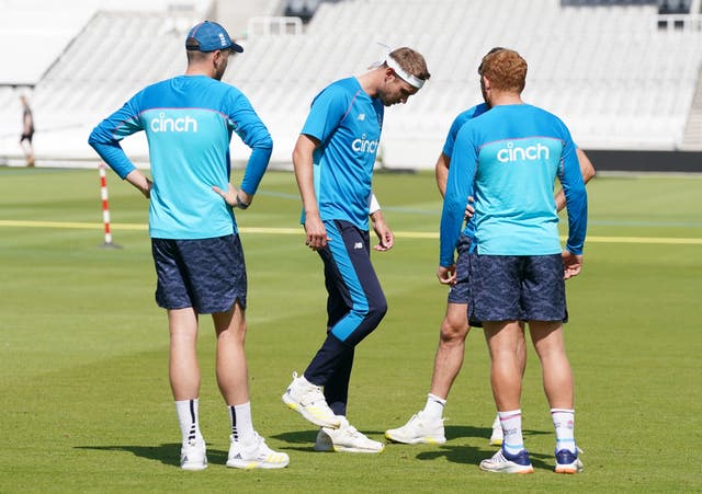Stuart Broad tests his right ankle during a nets session at Lord's 