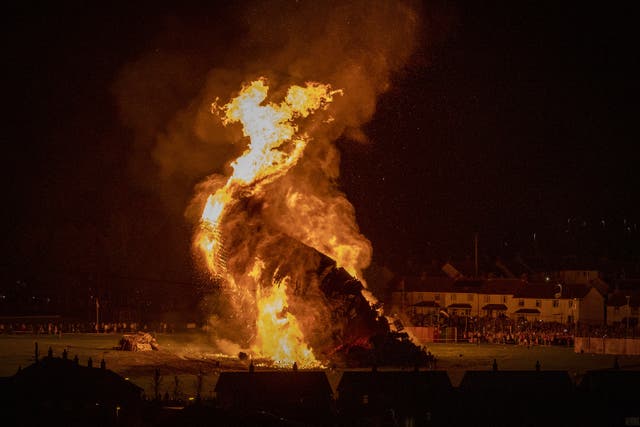 Craigyhill loyalist bonfire in Larne, Co Antrim, on the Eleventh Night