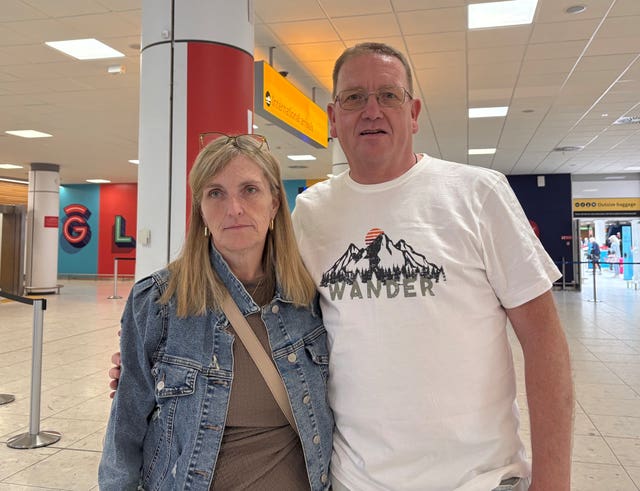 Passengers Barbara Ann Stoddart and Andrew Lithgow, who were due to fly to London Heathrow and on to Las Vegas to be married - before their flight to London was cancelled, speaking at Glasgow Airport