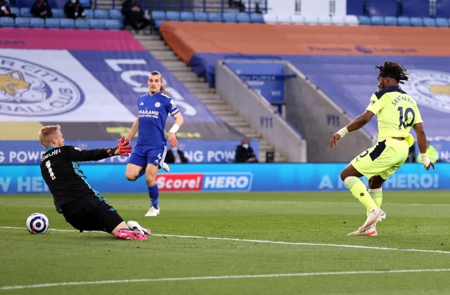 Allan Saint-Maximin (right) saw his shot saved by Kasper Schmeichel 