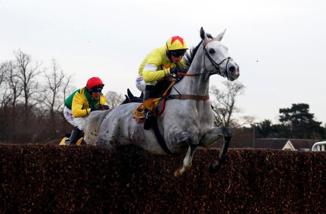 Politologue and Harry Cobden clear the last on their way to winning the Tingle Creek Chase