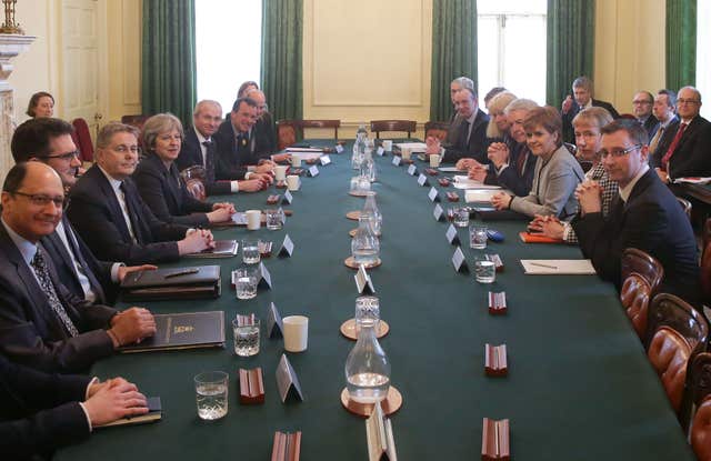 Prime Minister Theresa May chairs the meeting of the Joint Ministerial Committee attended by First Minister of Wales Carwyn Jones and Scotland's First Minister Nicola Sturgeon at Downing Street, London in the latest bid to end the dispute which has developed with the devolved governments over the UK Government's flagship EU Withdrawal Bill (Daniel Leal-Olivas/PA)