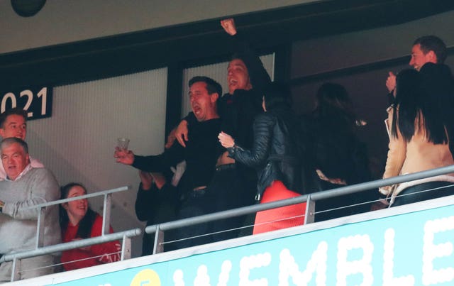 The Neville brothers, Gary and Phil, celebrate as Salford secure promotion to the EFL with a 3-0 win over Fylde at Wembley