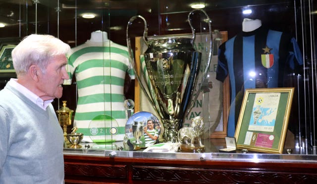 Lisbon Lion Bertie Auld looks at the display at Celtic Park