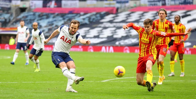 Harry Kane has a shot at goal during the first half