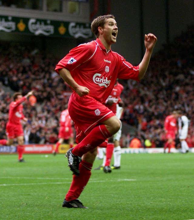 Michael Owen celebrates scoring for Liverpool in a 3-1 win over Manchester United at Anfield in 2001-02