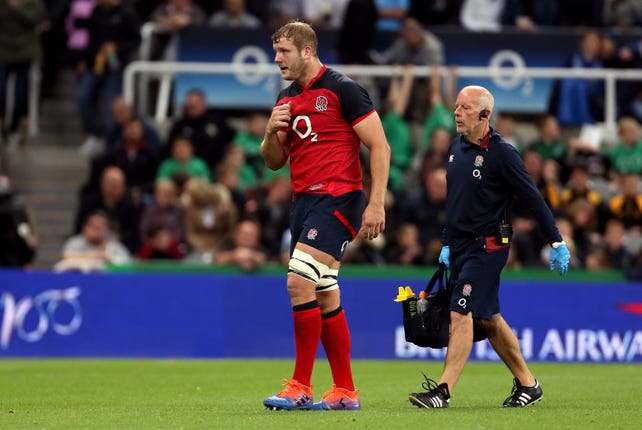 Joe Launchbury leaves the field injured at St James' Park