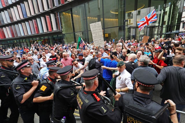 Robinson's supporters gathered outside the Old Bailey during the two-day court hearing (Aaron Chown/PA)