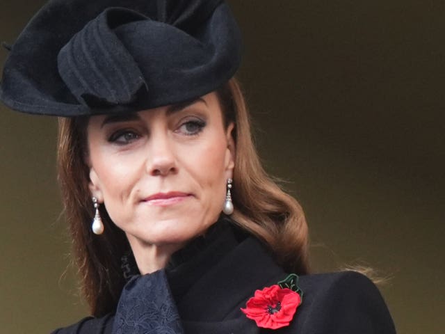 The Princess of Wales watches from a balcony at the Foreign, Commonwealth and Development Office during the Remembrance Sunday service at the Cenotaph in London
