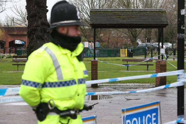 A police officer at a cordon near the Maltings in Salisbury where Russian double agent Sergei Skripal and his daughter Yulia were found on a bench 