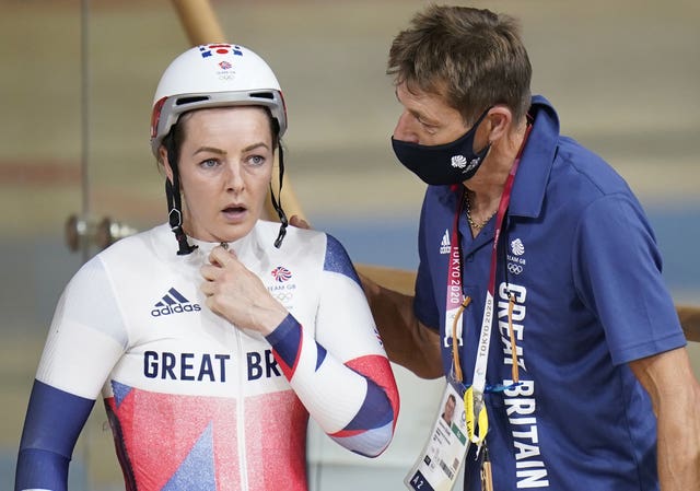 Great Britain's Katy Marchant reacts after colliding with Netherlands' Laurine Van Riessen