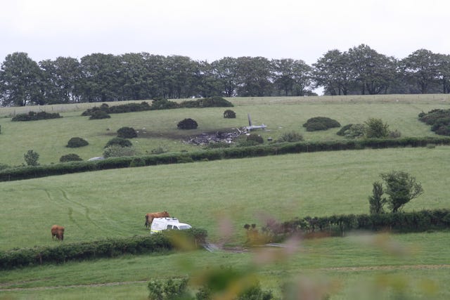 The scene in Sourton Down, near Okehampton in Devon, where a Royal Navy helicopter crashed