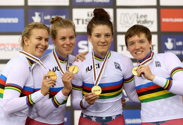 Kelly Catlin, right, won three team pursuit world titles (Tim Goode/PA)