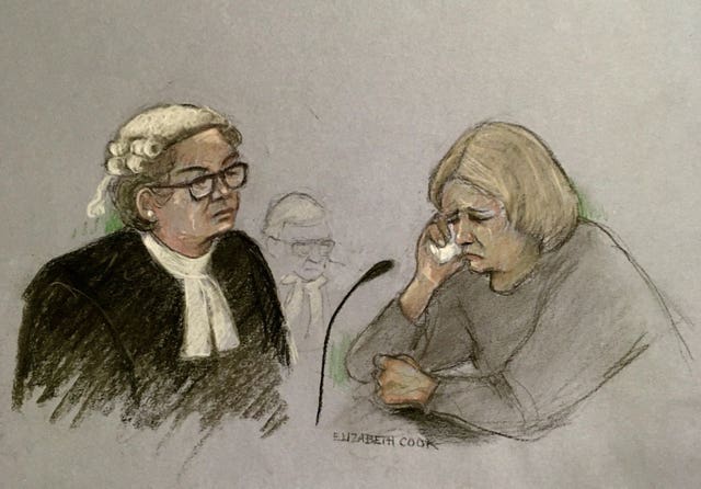 Penelope Jackson weeps as she gives evidence during her murder trial (Elizabeth Cook/PA).