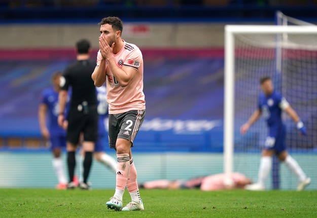 Sheffield United’s George Baldock reacts to David McGoldrick's late miss