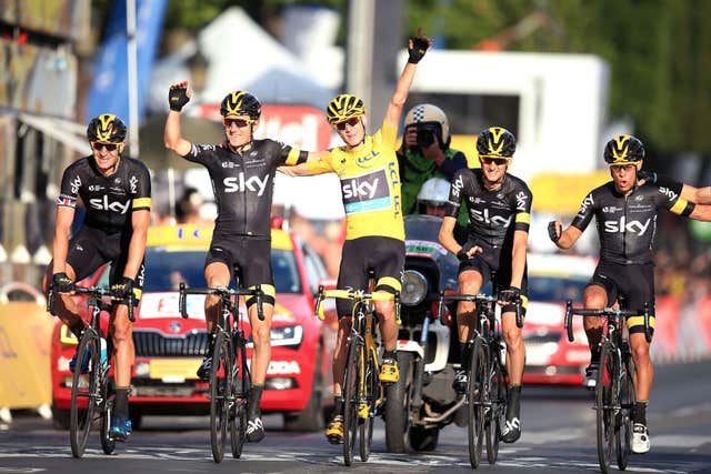 Team Sky's Chris Froome crossing the finish line on the final stage of his second Tour de France victory in 2015