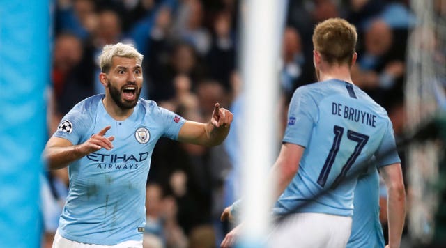 Aguero turns to creator-in-chief De Bruyne after scoring City's fourth. The Blues are now ahead for the first time in the tie at 4-3 on aggregate