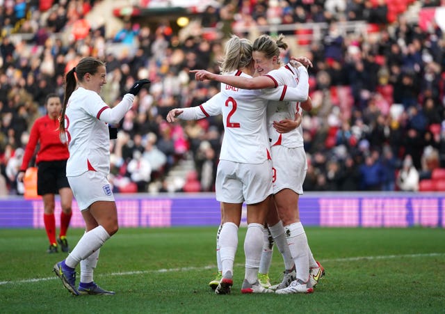 England celebrate Ellen White''s winner against Austria 