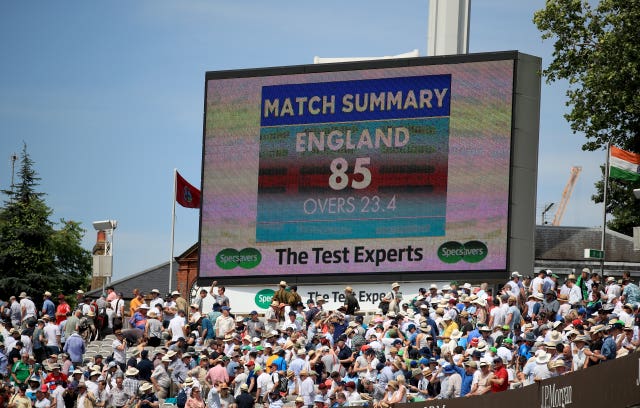The scoreboard at Lord's shows England's 85 all out total against Ireland