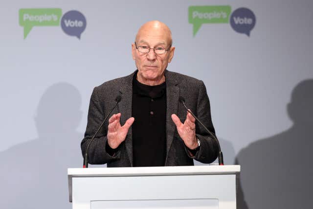 Sir Patrick Stewart addresses the crowd during the campaign launch (Jonathan Brady/PA)