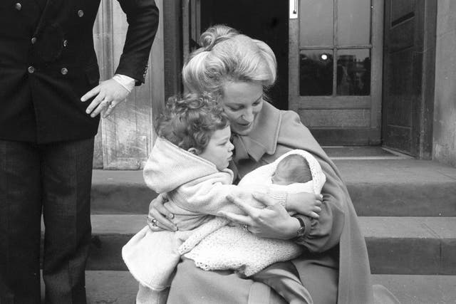 Princess Michael of Kent with Lord Frederick Windsor and new baby Lady Gabriella Windsor leaving St Mary's Hospital in 1981 (PA)