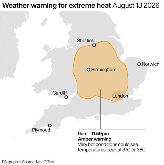 Weather warning for extreme heat August 13 2026