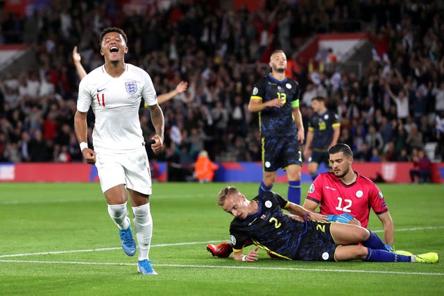 Jadon Sancho celebrates scoring his first England goal during a 5-3 Euro 2020 qualifying win over Kosovo in Southampton