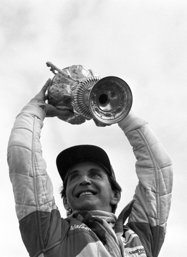 John Watson celebrates winning the 1981 British Grand Prix for McLaren