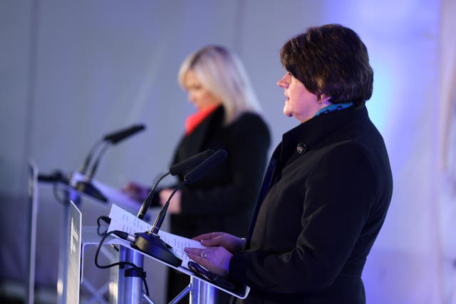 First Minister Arlene Foster and Deputy First Minister Michelle O’Neill during a media briefing at The Hill of O’Neill centre in Dungannon, Co Tyrone