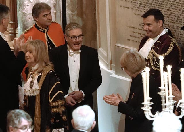 Sir Keir Starmer and Lady Mayor of London Dame Susan Langley (left) in the banquet procession during the annual Lady Mayor’s Banquet at the Guildhall in central London