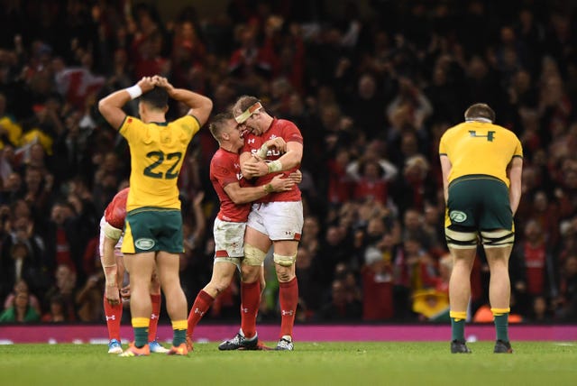 Wales' Gareth Anscombe (left) and Alun Wyn Jones celebrate there win over Australia during the Autumn International match at the Principality Stadium, Cardiff