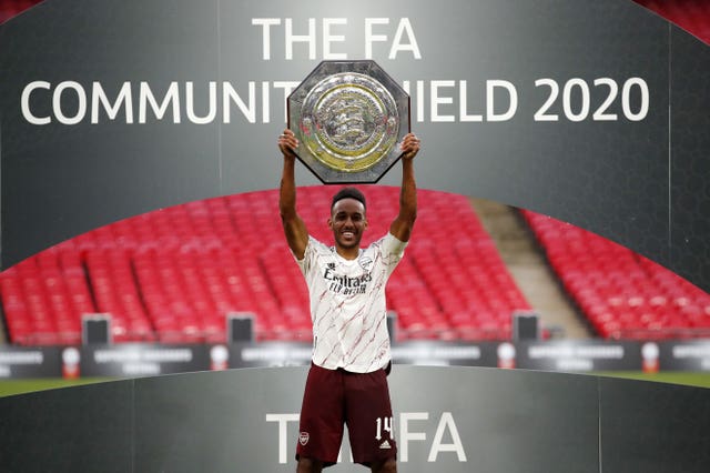 Arsenal's Pierre-Emerick Aubameyang lifts the Community Shield at Wembley