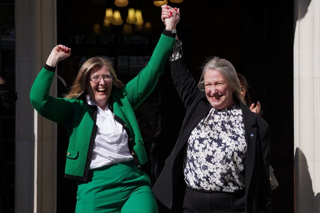 Susan Smith (left) and Marion Calder (right), co-directors of For Women Scotland celebrate outside the Supreme Court in London after a ruling which found the terms “woman” and “sex” in the Equality Act refer to a biological woman and biological sex