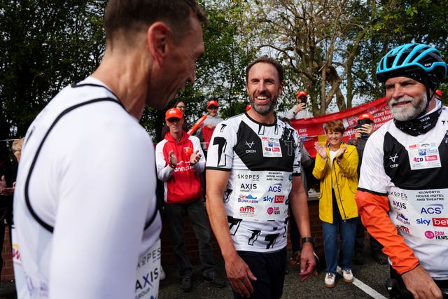 Sir Kevin Sinfield (left) with Sir Gareth Southgate after arriving at Shiptonthorpe Village Hall at the end of day one of the 7 in 7: The Grand Finale 2026 Challenge in Hull