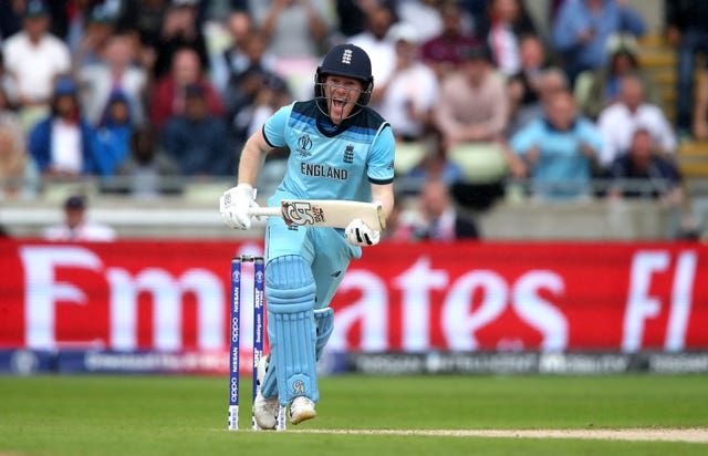 Eoin Morgan celebrates hitting the winning runs