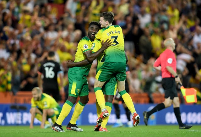Norwich celebrate their victory over Manchester City