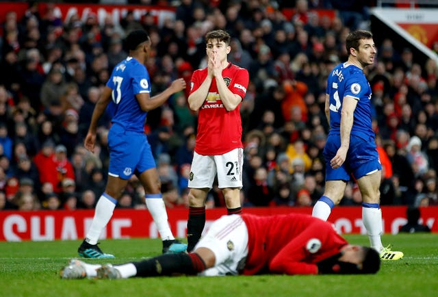 Manchester United’s Daniel James looks dejected after hitting team-mate Jesse Lingard in the face with the ball 
