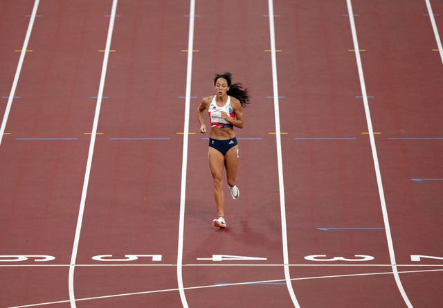 Great Britain's Katarina Johnson-Thompson reacts after picking up an injury in the 200m of the Women's heptathlon