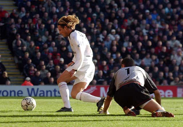 Much-maligned United striker Diego Forlan scored twice in a win a Liverpool, capitalising on an error by Liverpool goalkeeper Jerzy Dudek in December 2002. 