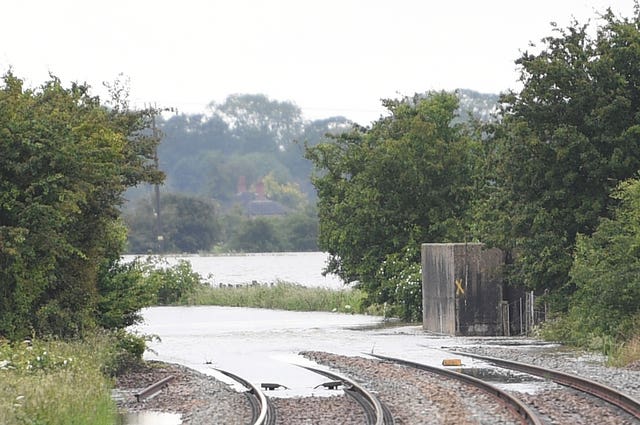 A flooded railway line in Thorpe Culvert, Lincolnshire